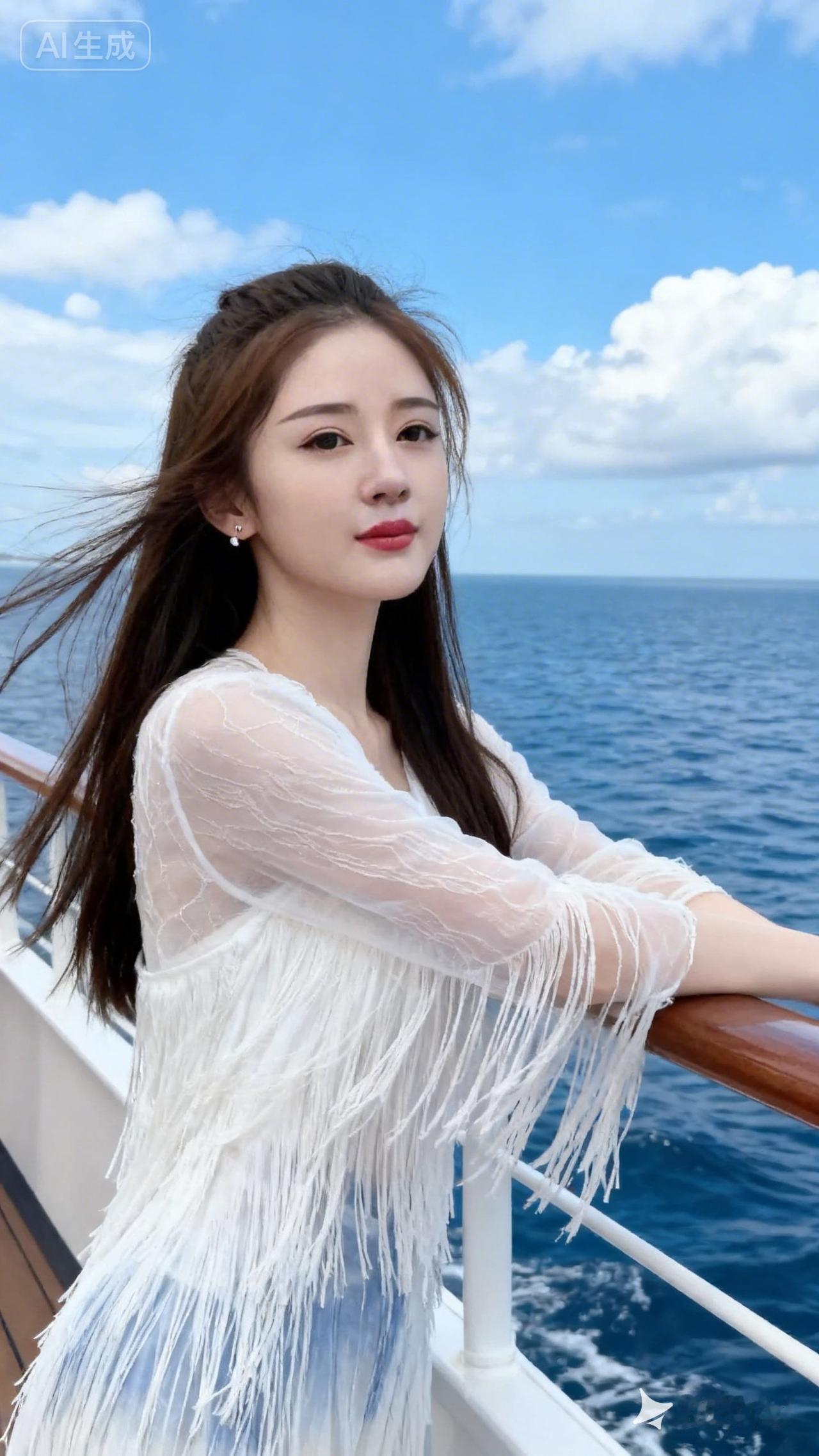 蓝天白云，大海上，一位都市女孩，长发，漂亮，大眼睛双眼皮，眼含笑意，大方，得体，