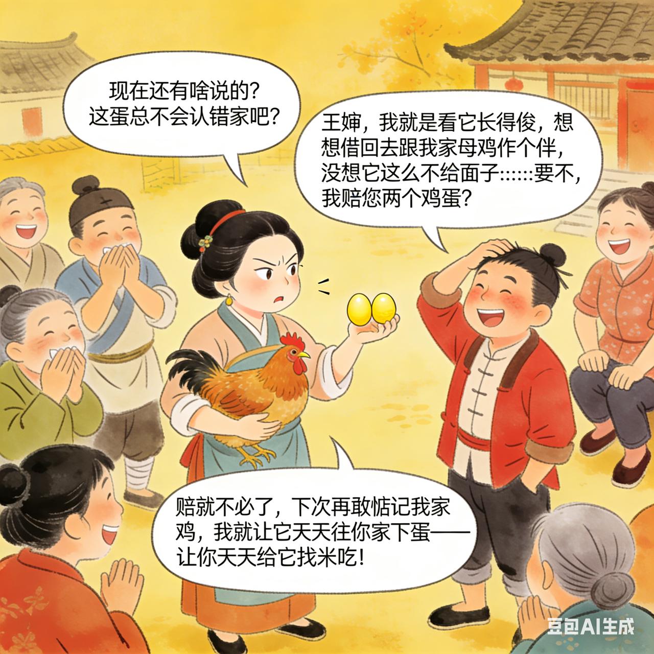 古代笑话王寡妇家的芦花鸡丢了，她叉着腰在村口骂了半上午，末了往地上啐了口：“