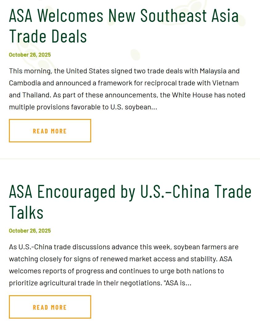 美国大豆协会，一口气发出了两份声明，就是下面这张图。因为等到了两个好消息。
