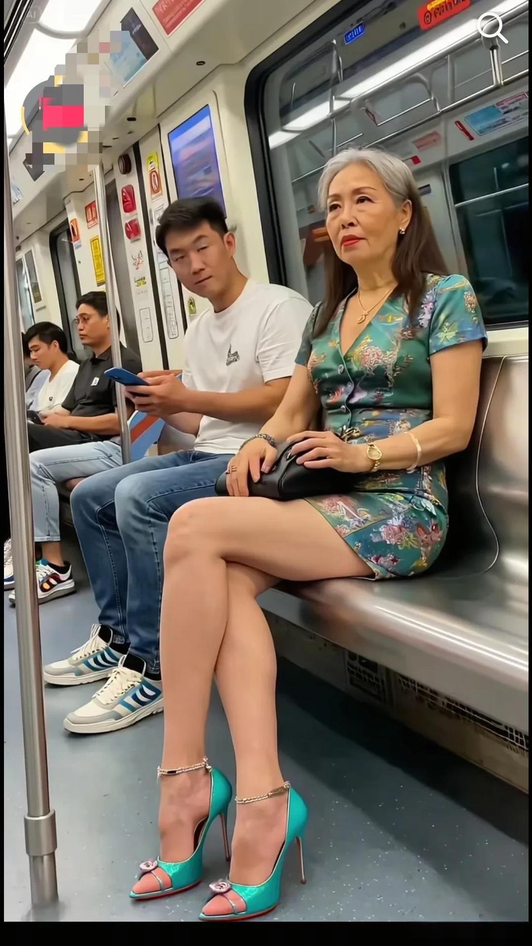 大姐有70岁了！还能穿这么高的高跟鞋子！了不得！大姐头发几乎全白，但脸轮廓端庄
