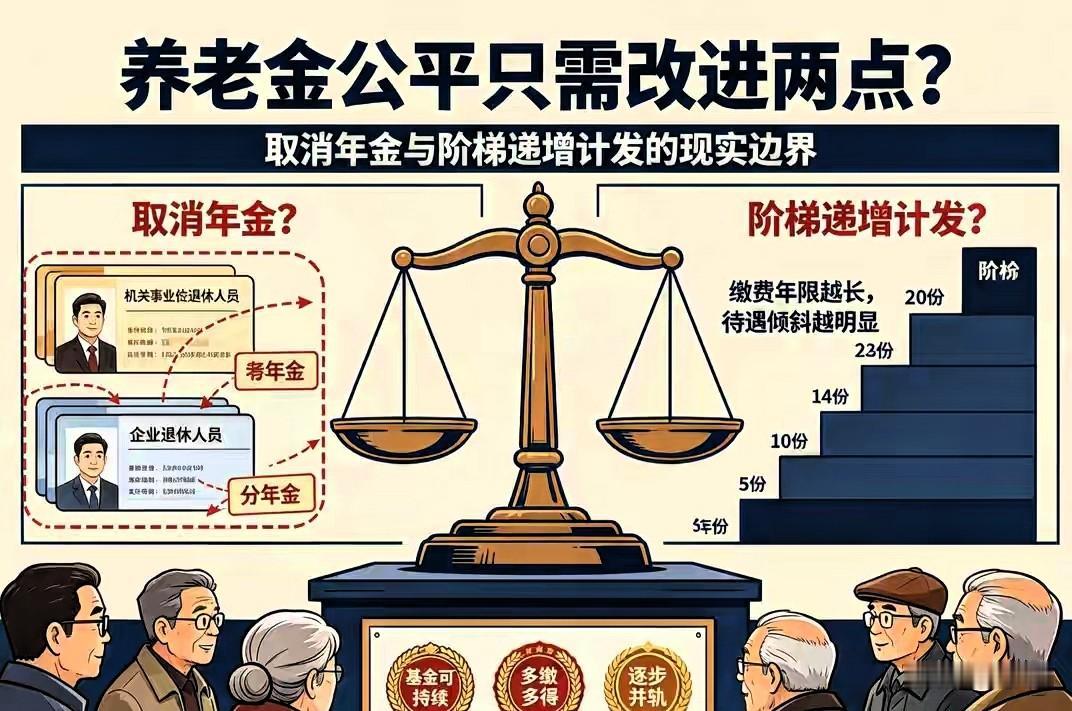 很多人讨论养老金公平，思路其实很有启发性。不要简单一刀切取消年金，有人提出一个分