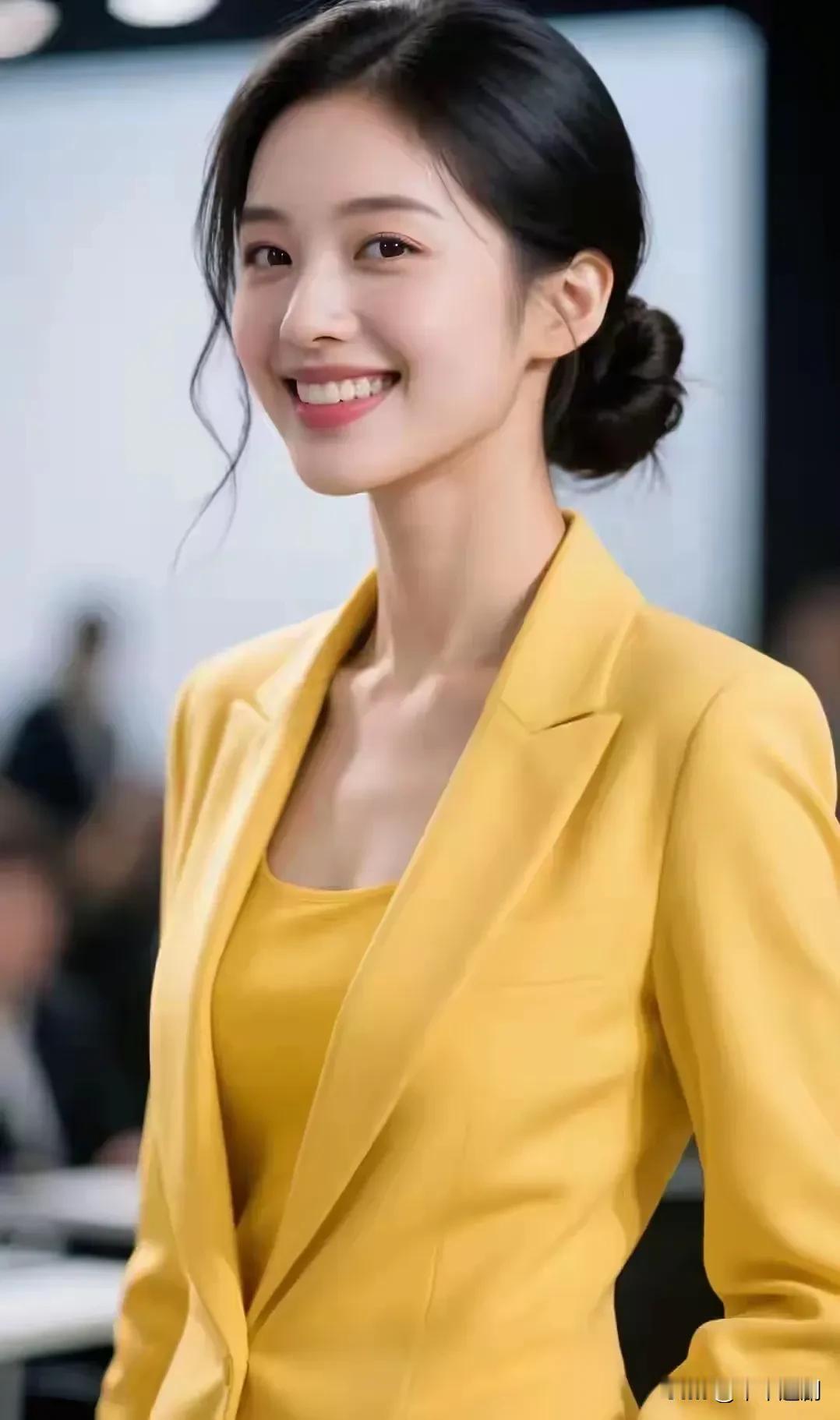 明黄西装裹着舒展的笑意，碎发勾着肩头的光——是职场里撞进来的一捧春日暖阳。