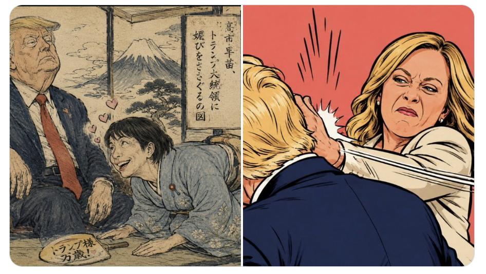 这组对比讽刺漫画在国际社交媒体上大量传播。梅洛尼、高市早苗与特朗普的互动，被画成