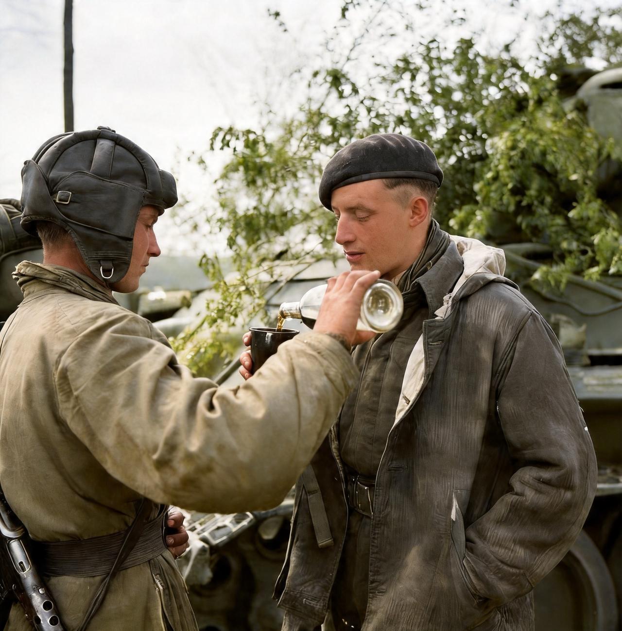 这是1945年5月苏军一名坦克手在给一名英军士兵倒伏特加。这名英军士兵显然没把伏