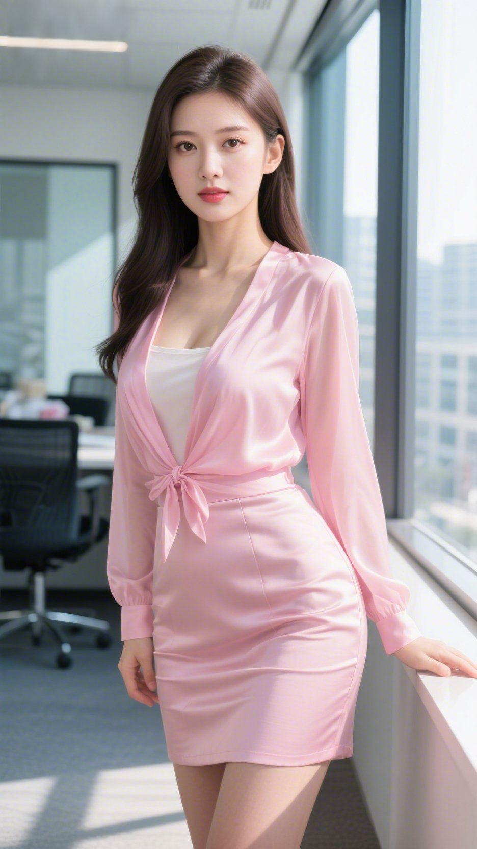 粉衫映窗的职场日常晨光漫过写字楼的落地窗，落在肩头的粉色缎面外衫上，化开了