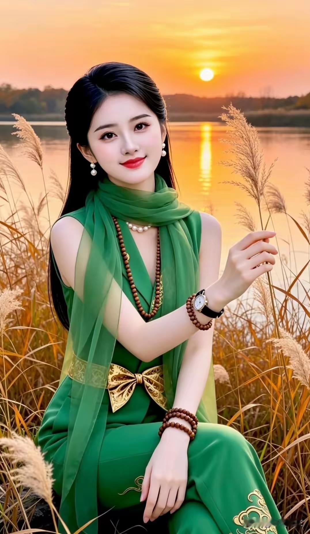 这姑娘穿着绿色衣服，站在湖边，好漂亮啊！