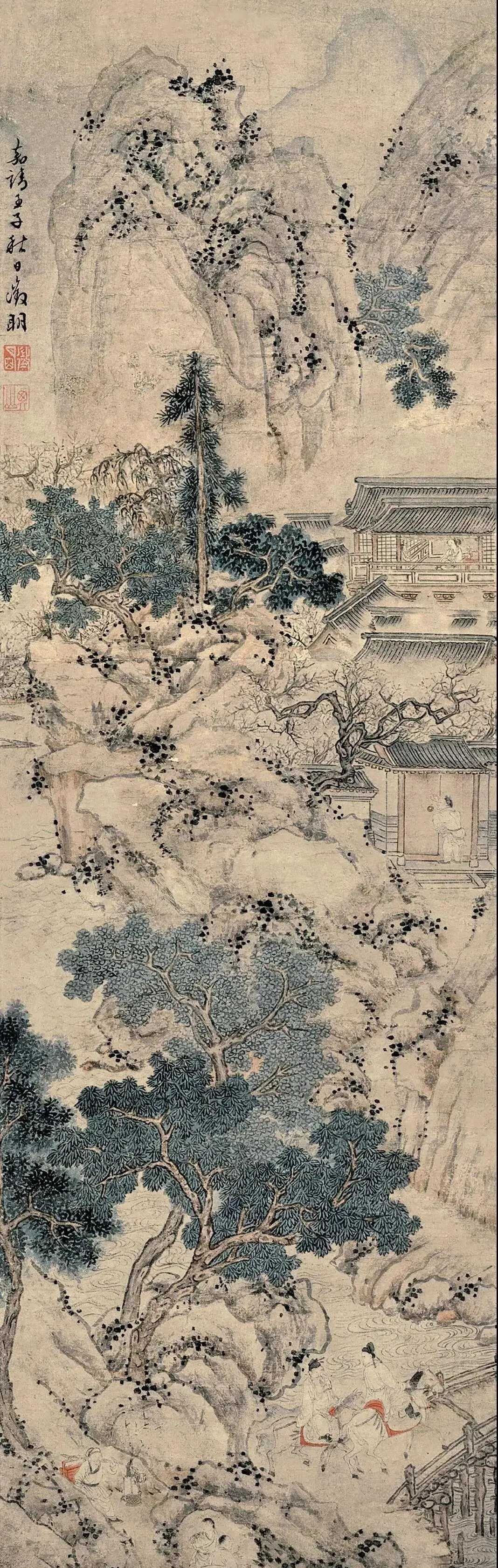 明文徵明山庄客至图。文征明（1470—1559），即文徵明。原名壁，字征（