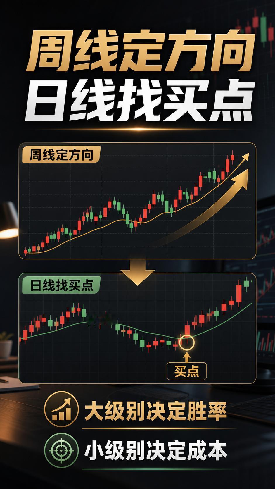 周线定方向，日线找买点。很多人炒股亏钱，不是不会看图，而是看错了级别。周线