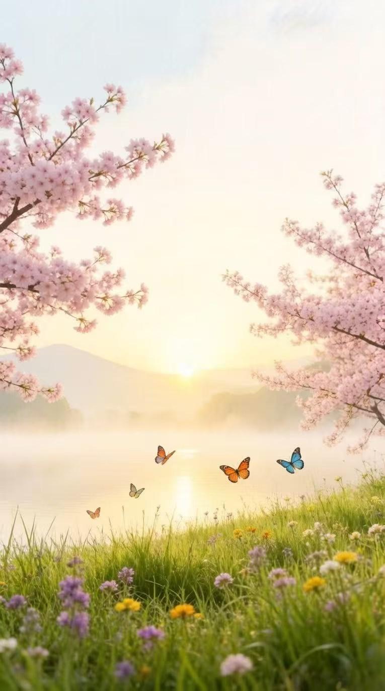 樱花盛开，蝴蝶翩翩，春日美景尽收眼底。🌸🦋🌞
