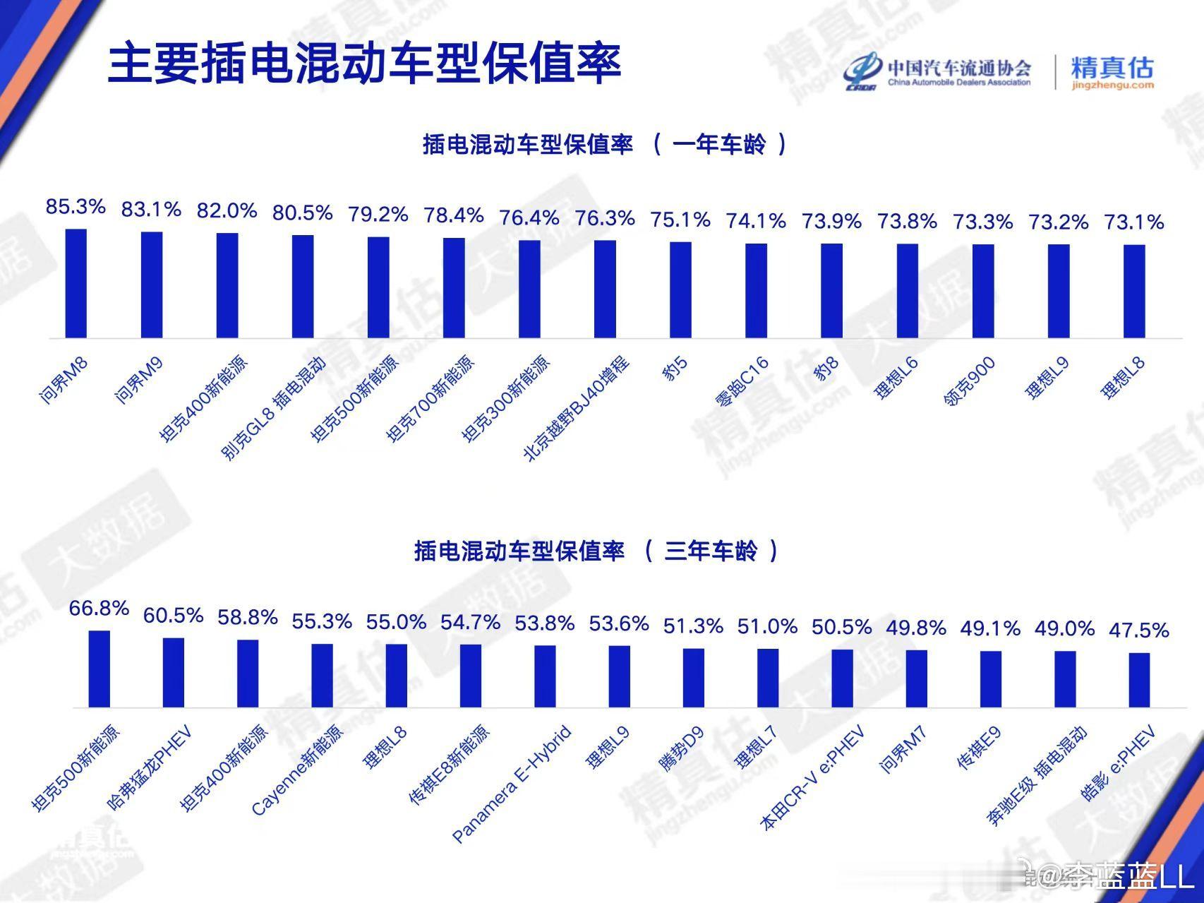 插电混动车型一年车龄保值率（前7名）1. 问界M82. 问界M93. 坦克400