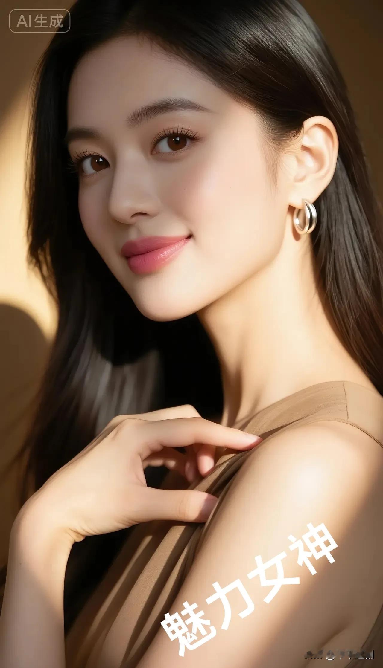 暖光勾勒出发丝的柔，银环耳环轻诉精致，裸色衣摆晕染优雅。她是时光雕琢的魅力女神，