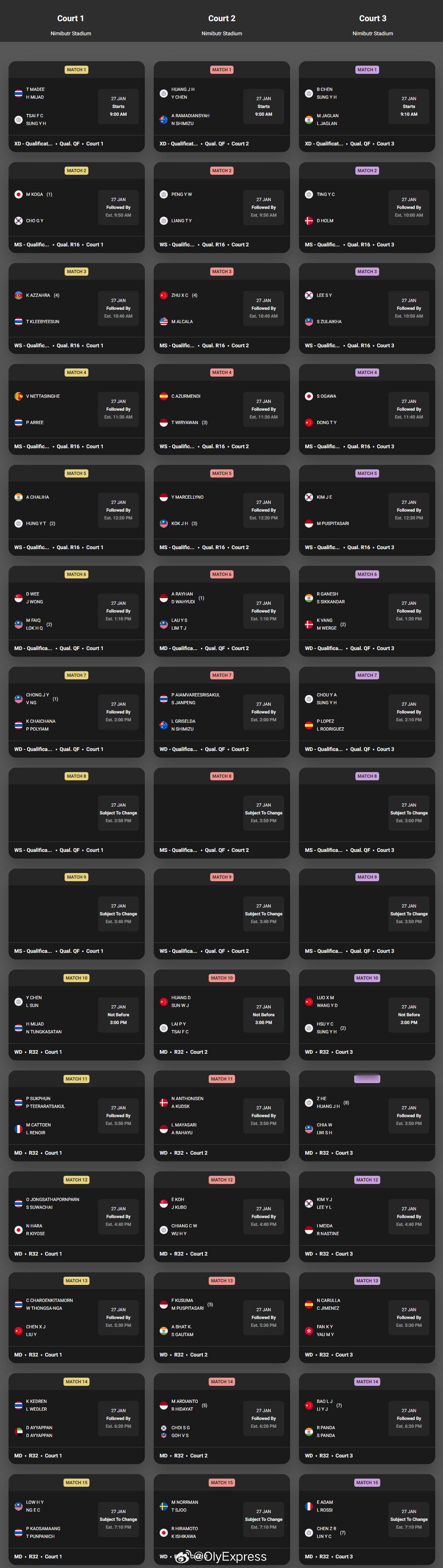 【泰国羽毛球大师赛首日赛程对阵】2026年泰国羽毛球大师赛羽联超级赛1月27日