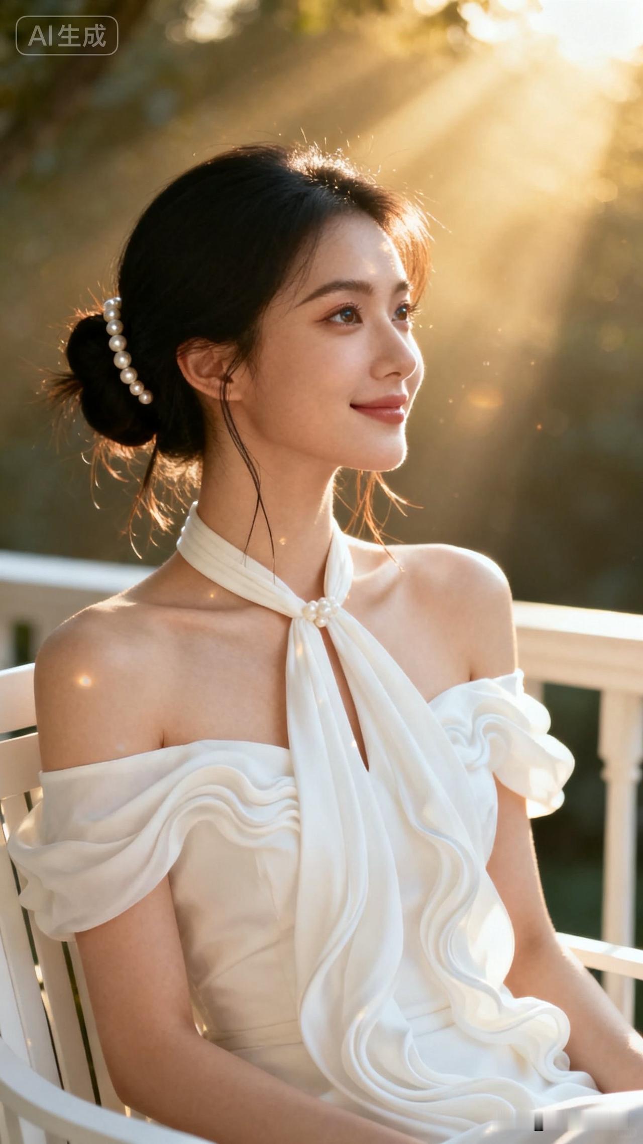 她穿着云朵裙，坐在椅子上微笑。