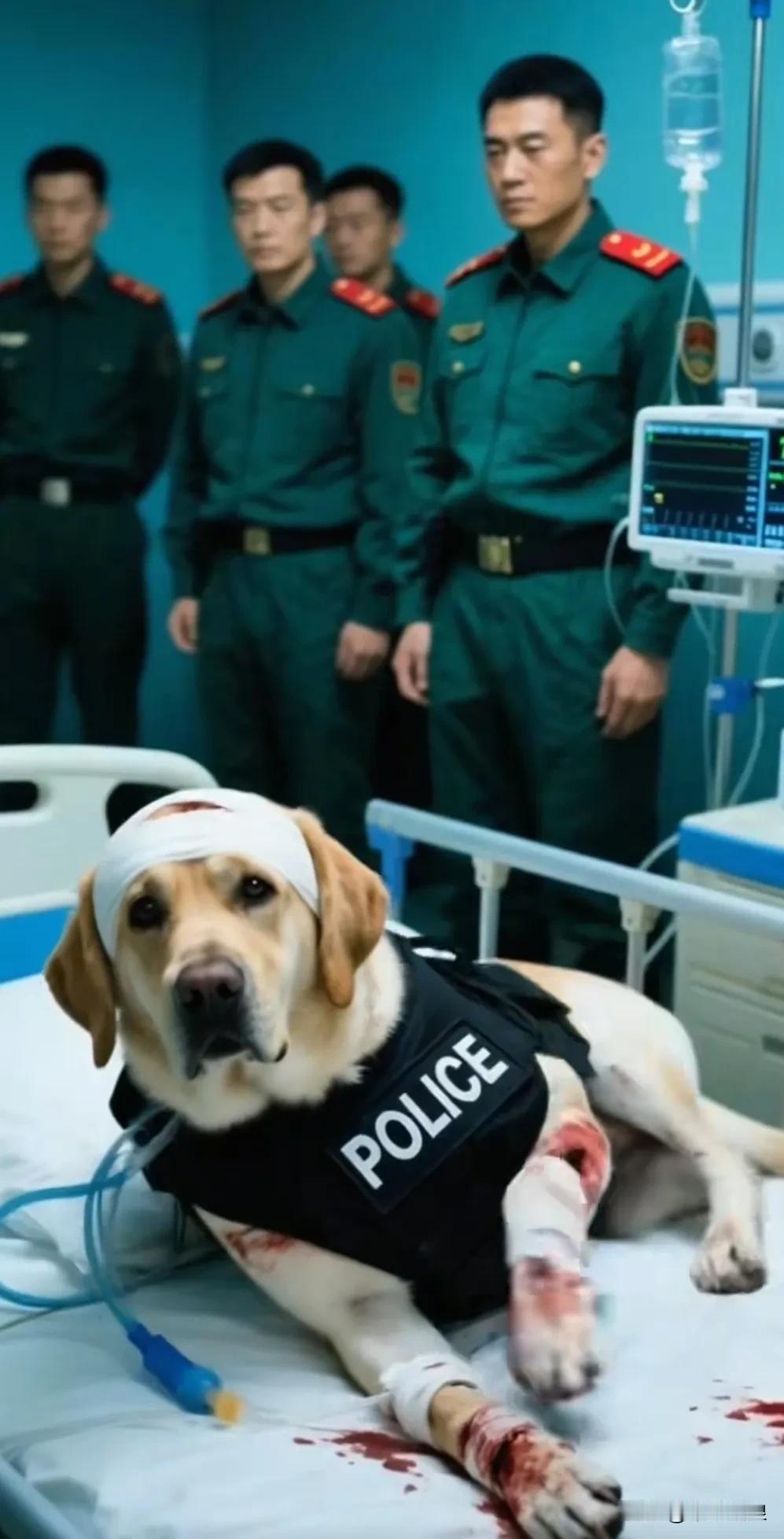 受过军训的警犬就是和普通狗狗不一样。战友们得知它因功受伤，前来探望它。班长喊口令