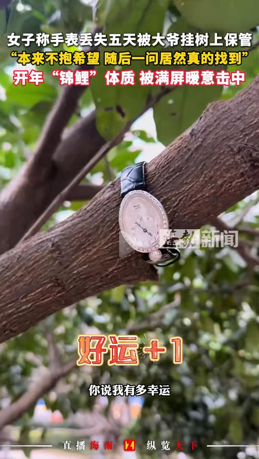 路不拾遗以这么一种搞笑的方式出现了。大爷公园捡到手表直接挂树上一女子在公园丢了