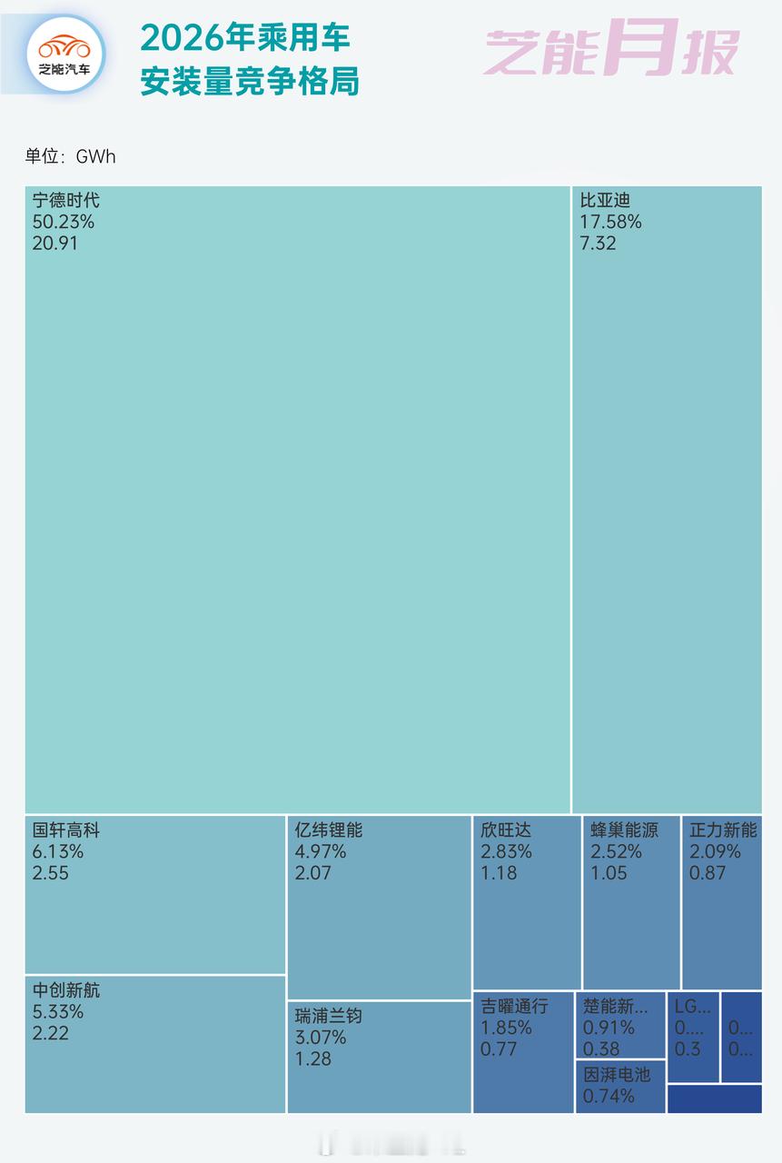 2026年1月国内动力电池装车整体格局变化不大●宁德时代1月装车量20.91G