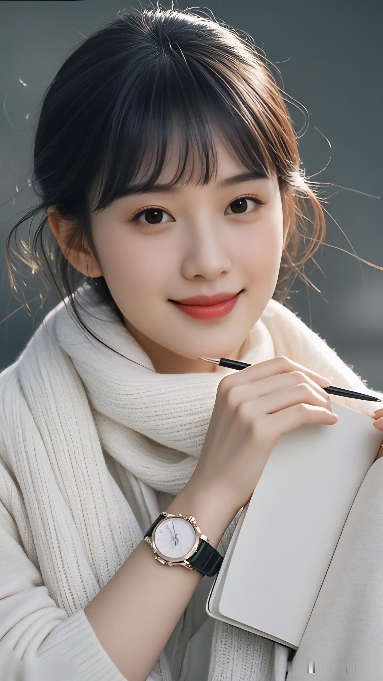 冬日暖阳下，温柔少女手执笔记本，微笑如花。女人最耐看的长相是什么样的