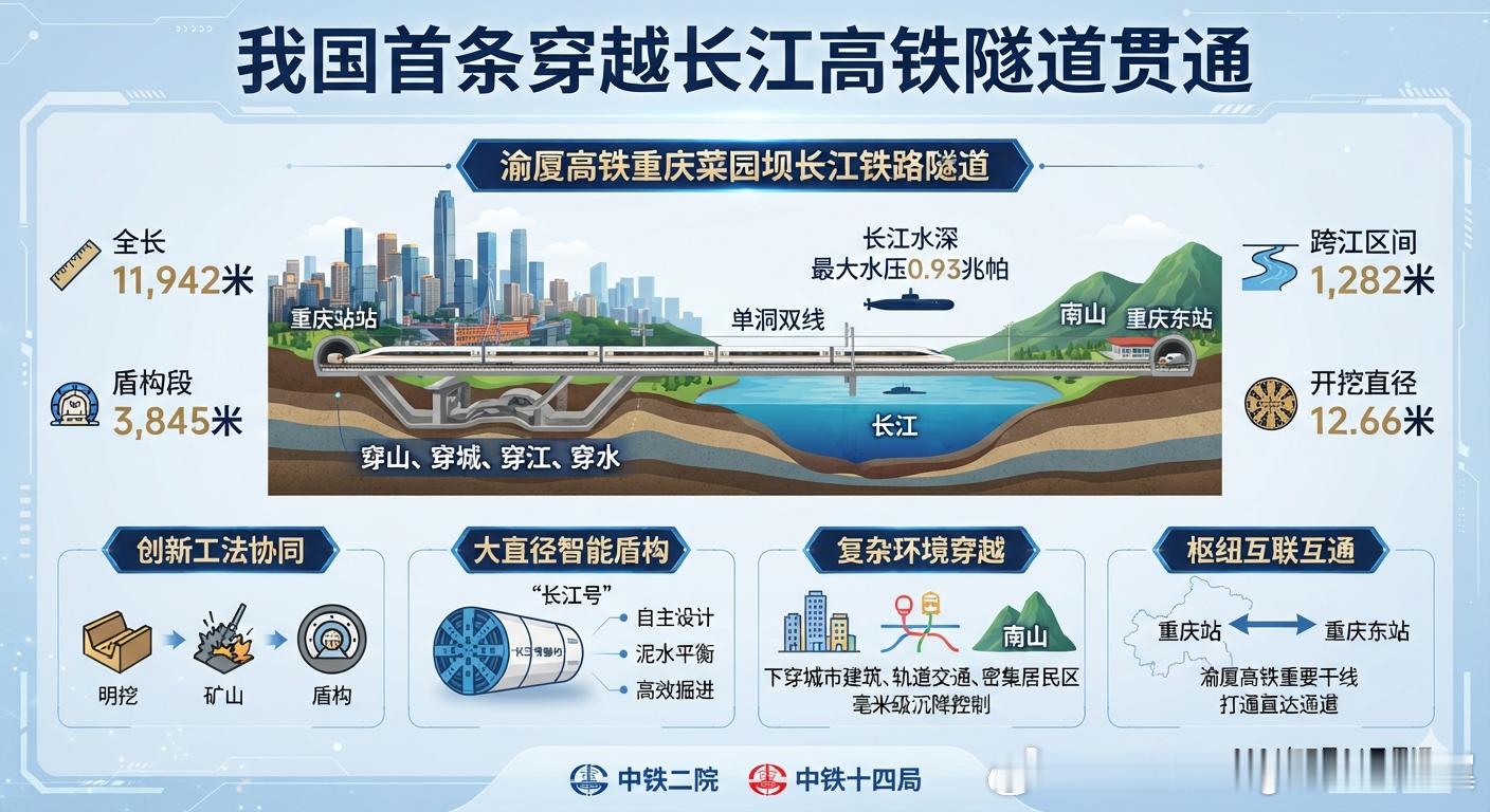 我国首条穿越长江高铁隧道贯通我国首条穿越长江并实现贯通的高铁隧道是渝厦高铁重庆