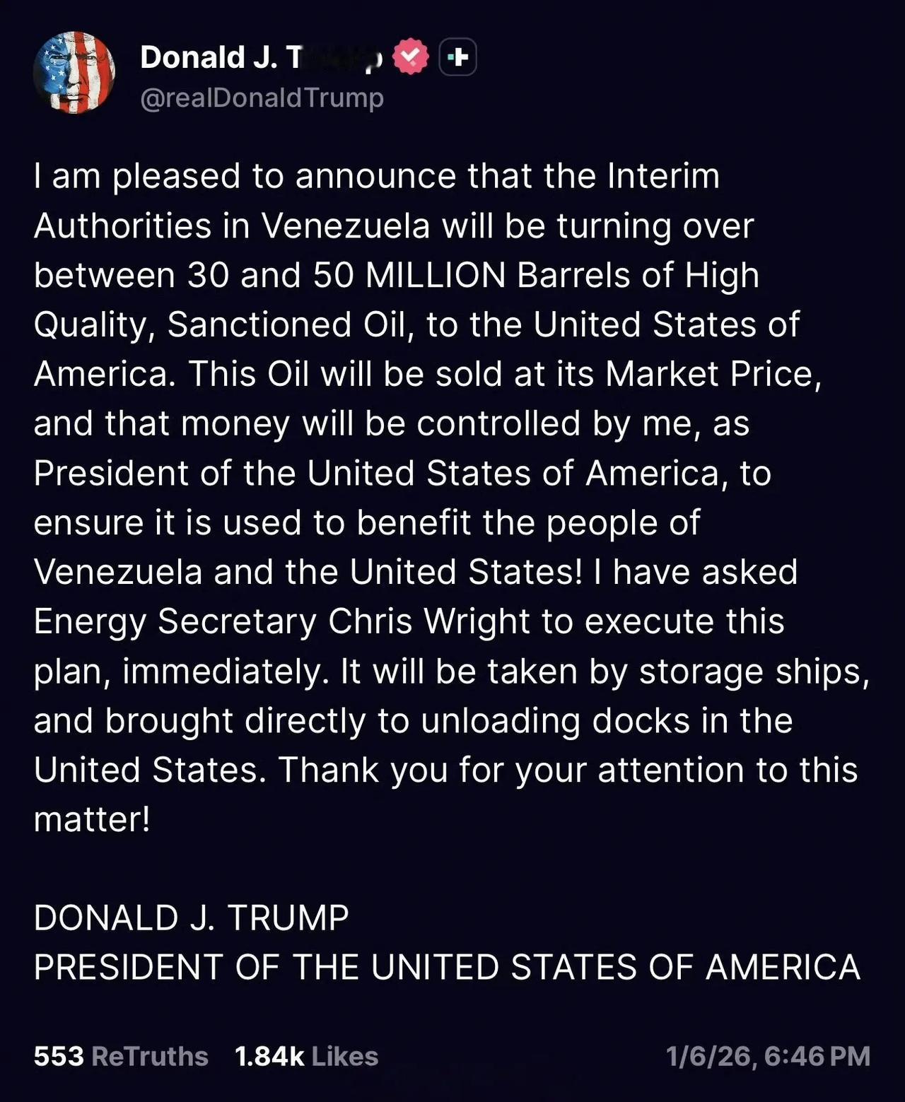 美国总统老特宣布，委内瑞拉将向美国“移交”3000万-5000万桶高品质石油，然