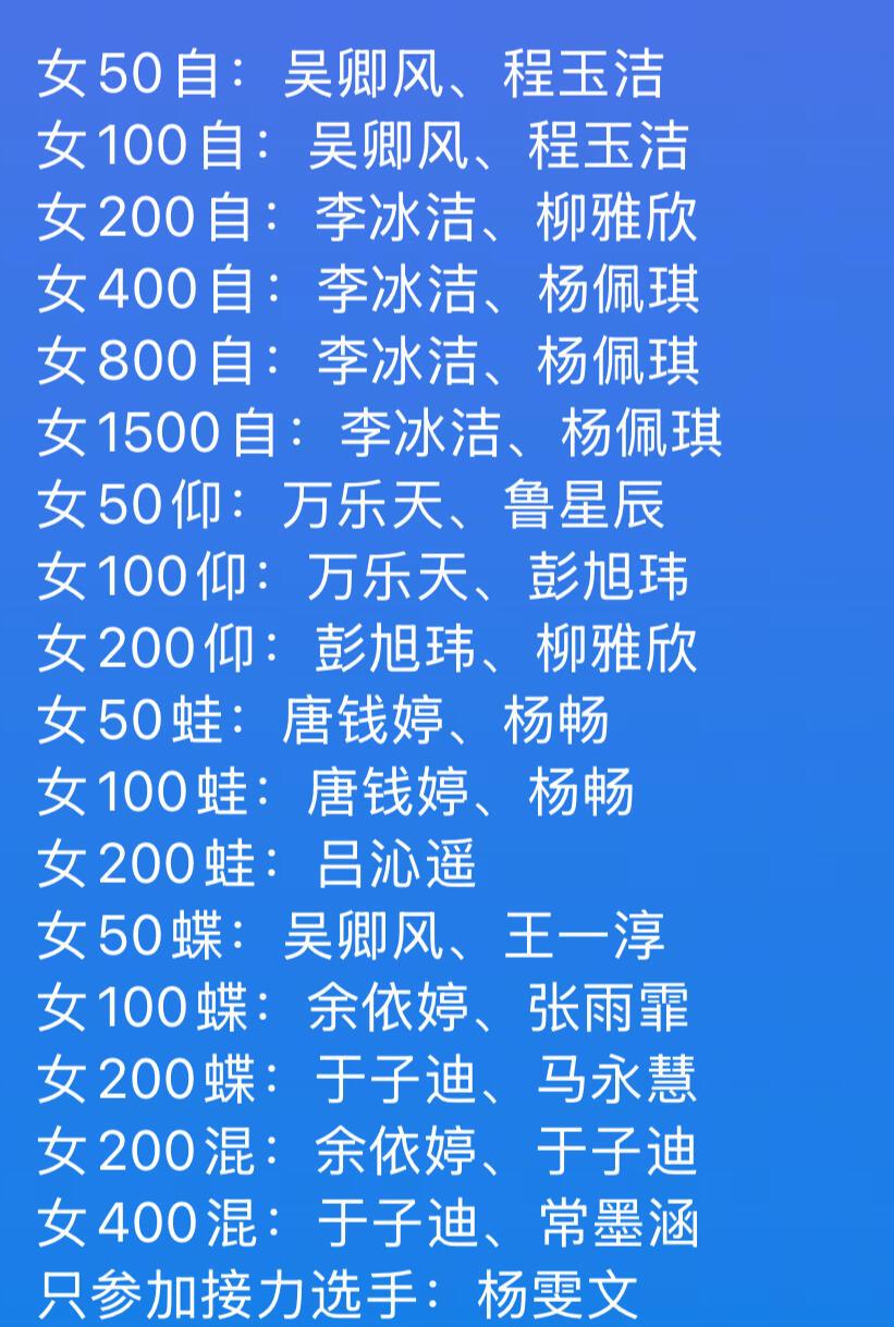 新加坡世锦赛游泳名单，潘展乐、汪顺大男主，又可以看到他们比赛了！李冰语真是铁人