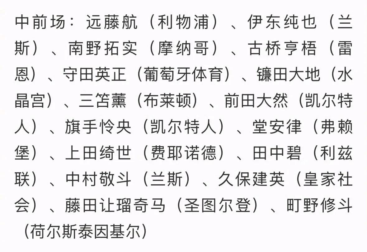 日本国家队的中前场球员，全部来自欧洲足坛，亚洲最强球队了。韩国主要是孙兴慜，