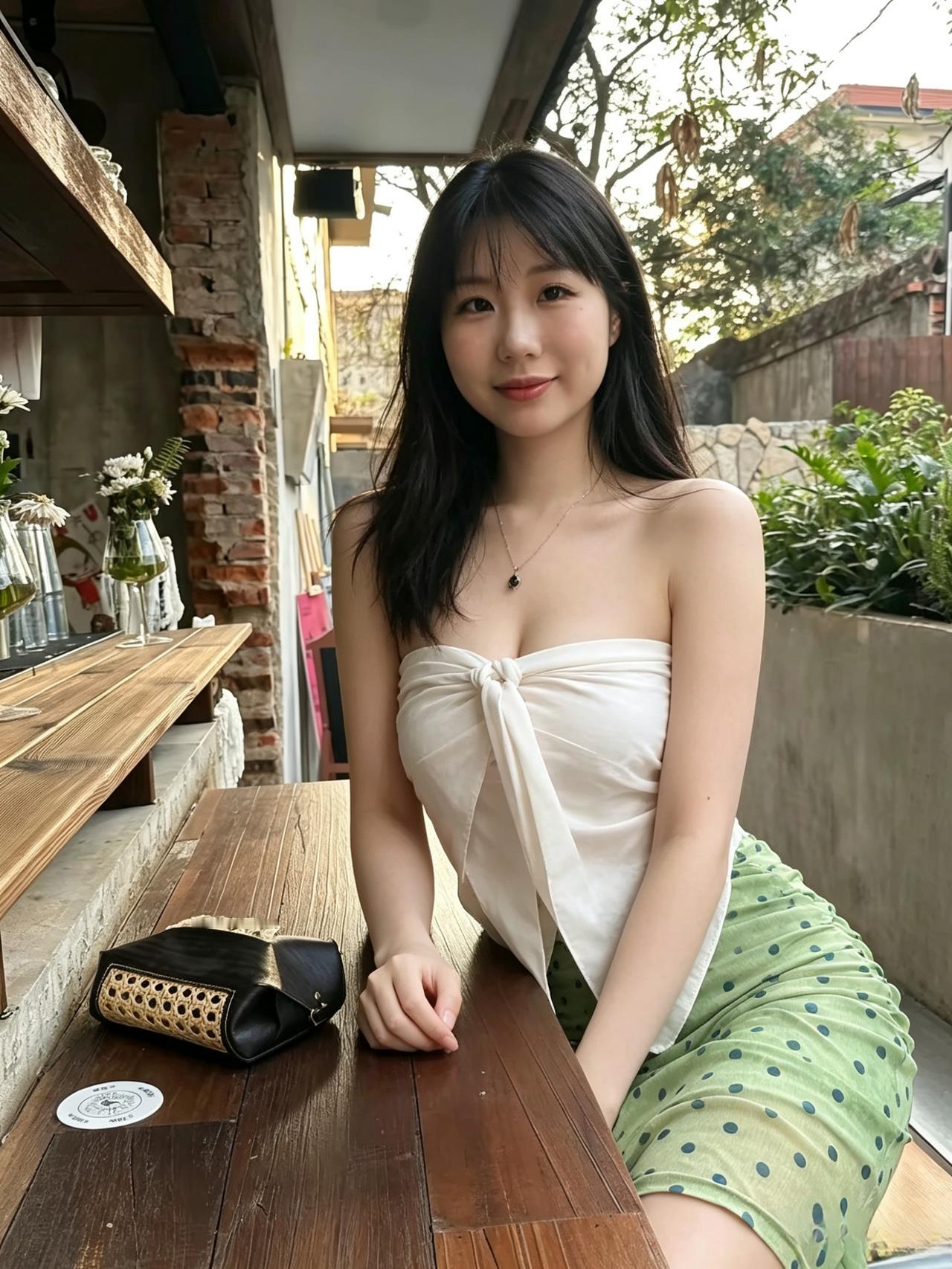 玉颈凝光衬素裳，翠裙波点映阶凉。笑看檐外风摇叶，一霎清欢落晚阳。