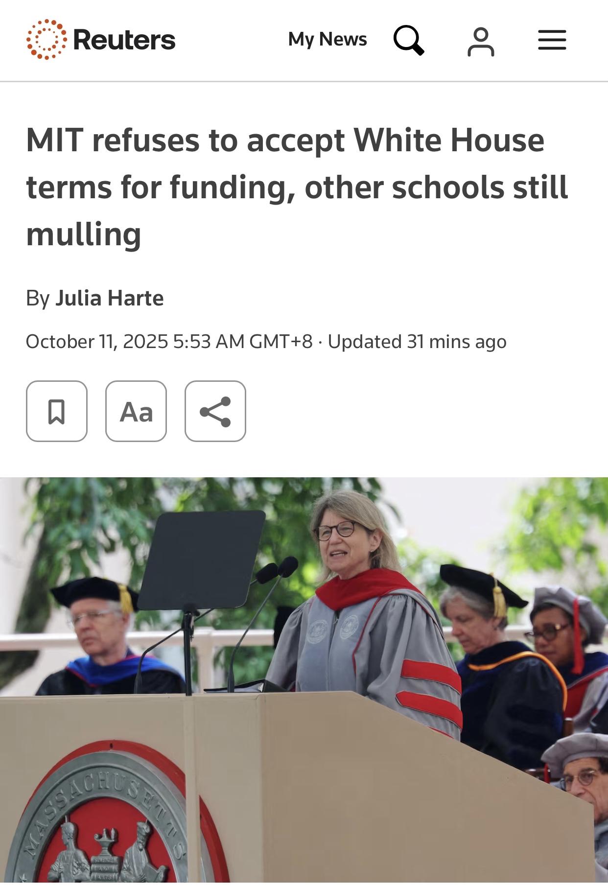 路透社：麻省理工学院成首个公开拒绝政府资助条件的大学路透社10月10日电、1
