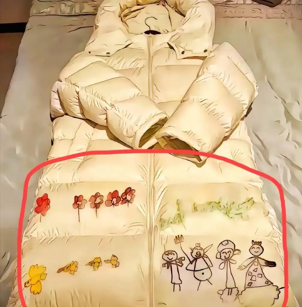 媳妇刚把去年咬牙买的千元羽绒服翻出来，袖子后背全是儿子用彩笔画的彩虹，黑底配荧光