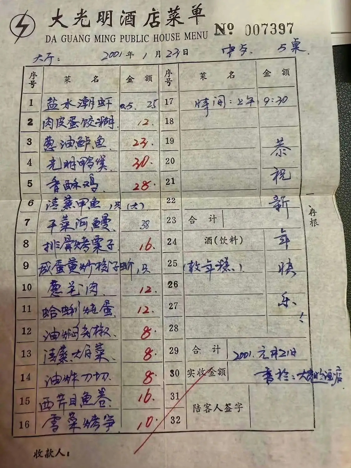 一份2001年的酒店点菜单，这价格在当时算什么档次？  ​​​