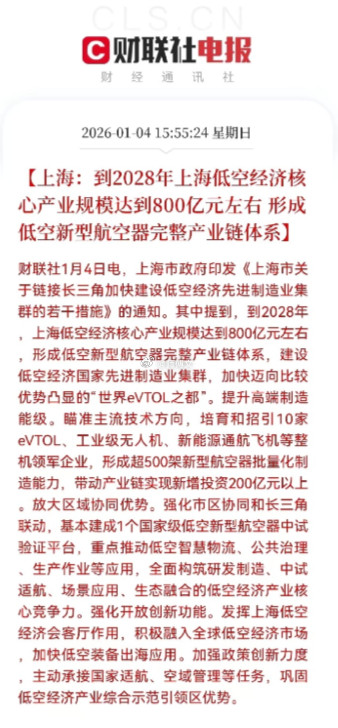 低空经济进入加速期！上海800亿目标政策落地核心赛道及标的一览政策利好：上