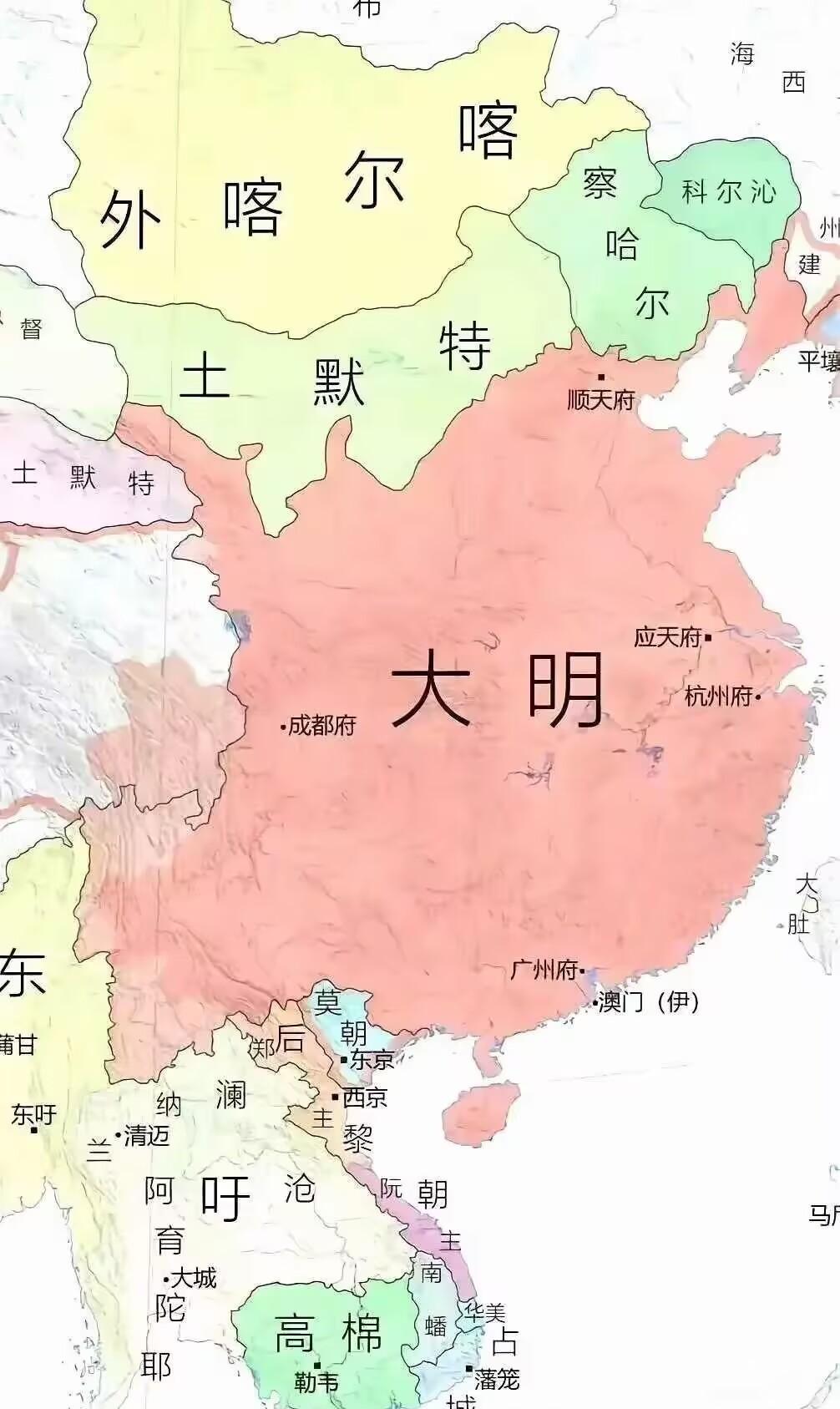 大明朝控制的区域，到了中后期，就剩下汉地18省了。辽宁区域与内地的接触，也只剩下