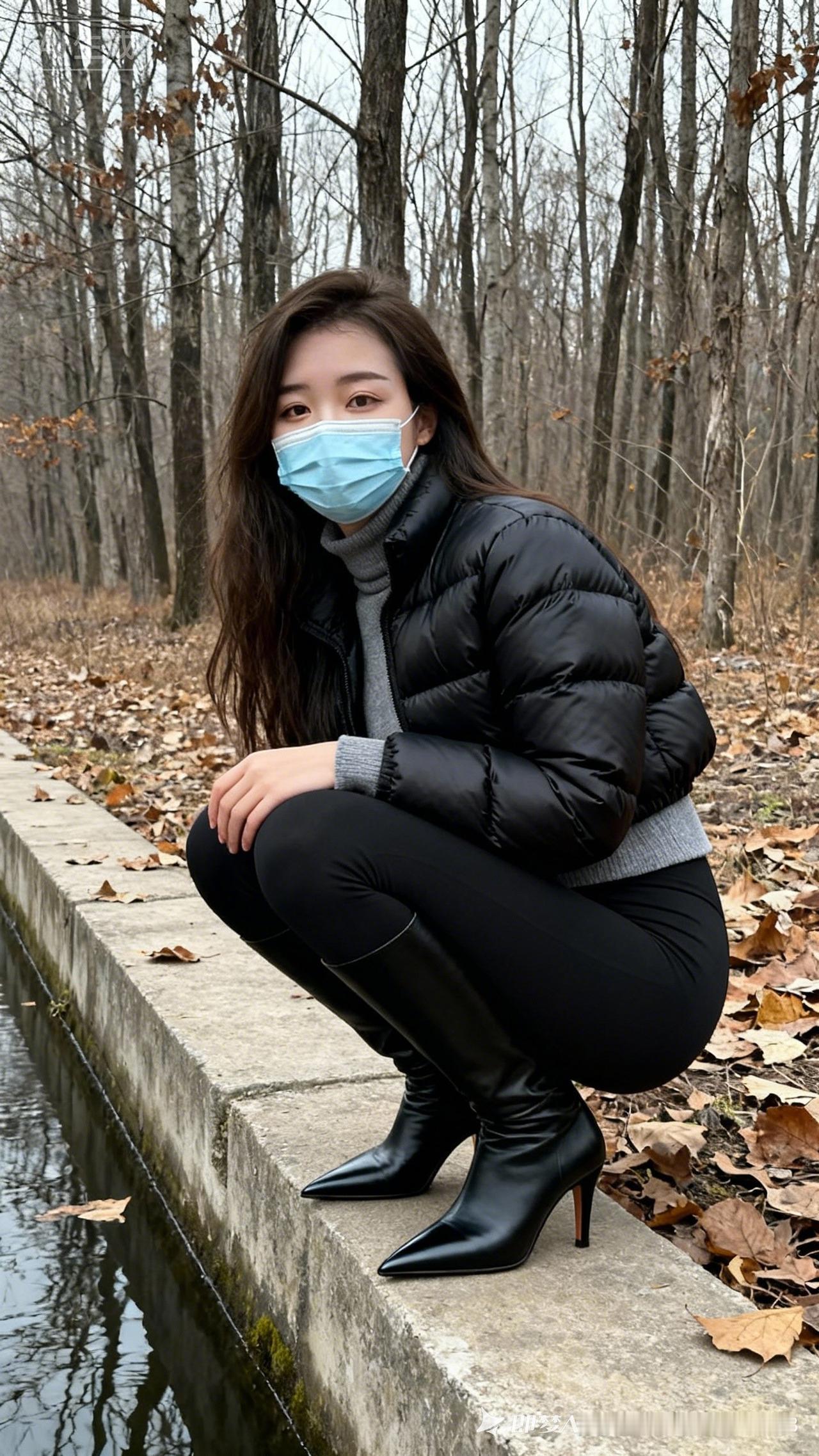 秋日森林里的时尚穿搭，黑色靴子与羽绒服的完美搭配！🍂👢🧥