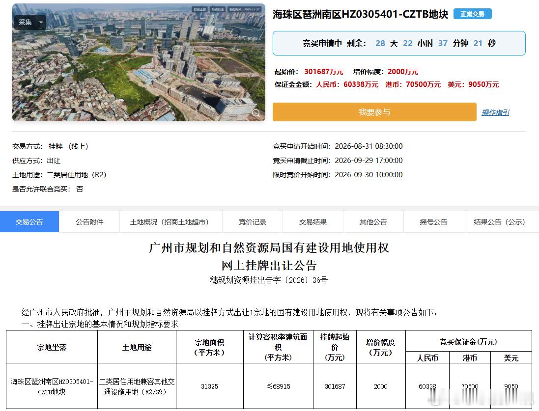 琶洲南刚拍完，旁边又上新了保利天奕旁，30.1亿起拍，起拍楼面价4.38万一平，