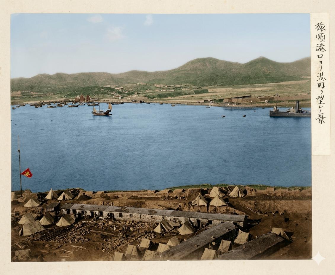 日占时期旅顺港，从港口眺望港内的要塞风貌。照片右侧日文标注“旅順港口ヨリ港内ヲ望