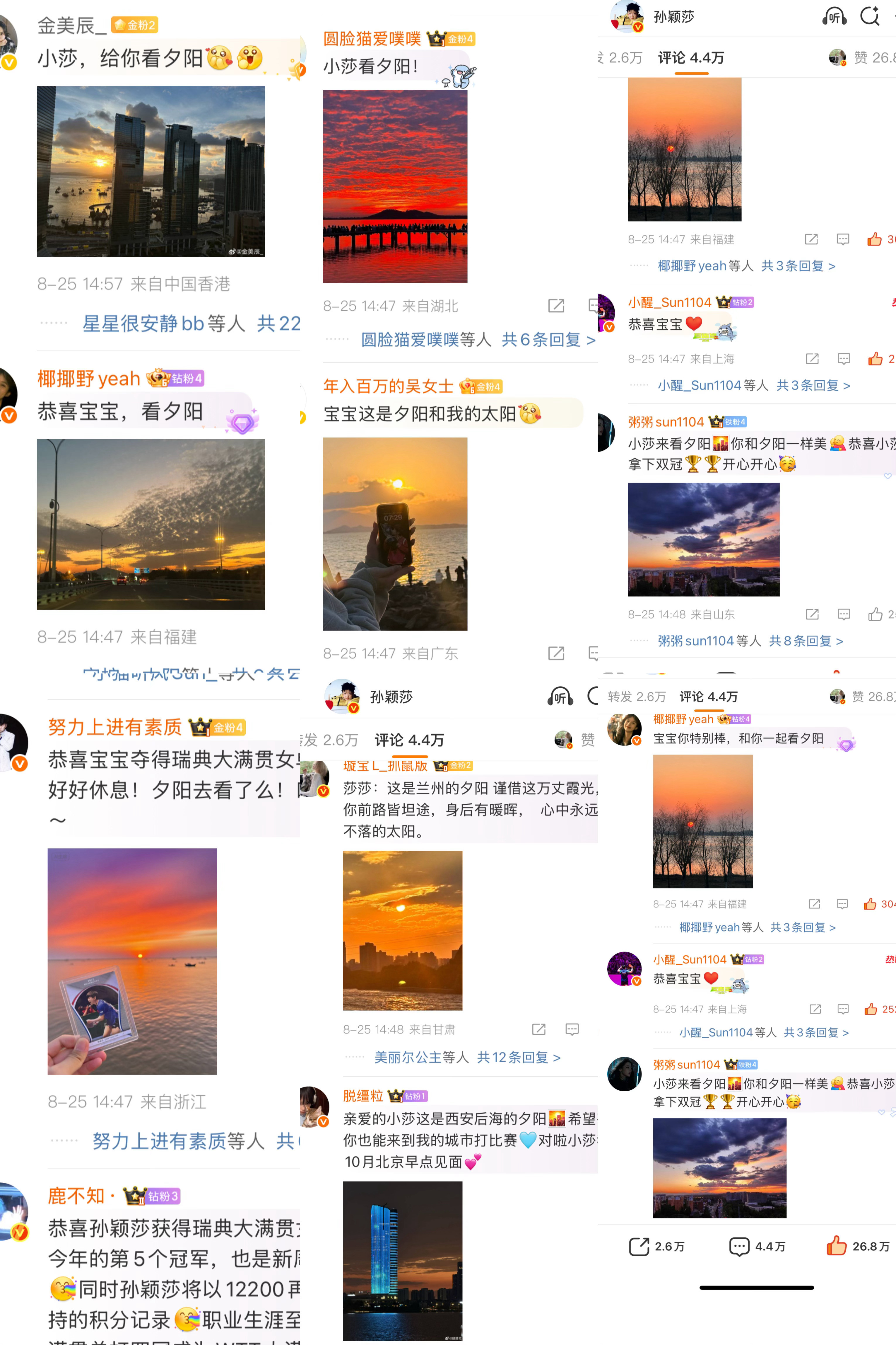 孙颖莎评论区夕阳刷屏看见了一场名为夕阳的告白。宝宝，看夕阳。​​​