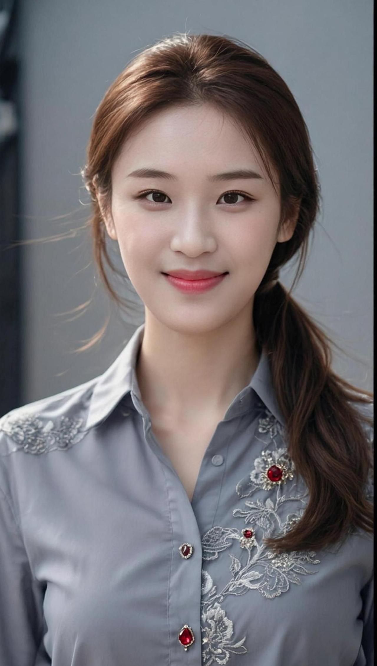 在城市的喧嚣中，捕捉到一抹静谧的优雅。灰色的衬衫，精致的胸针，每一个细节都诉说着