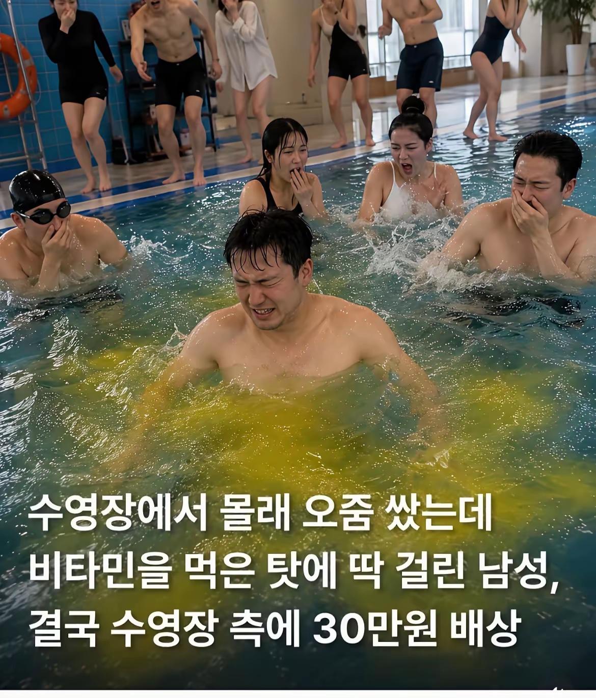 笑死了，一韩国男子在游泳池游泳，突然要小便，觉得小便在水里应该是神不知鬼不觉，没
