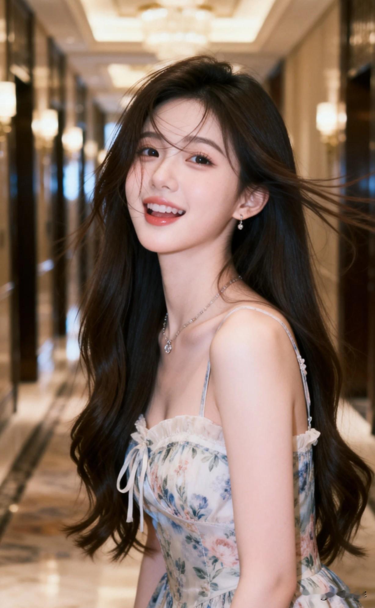 优雅长廊下的甜美少女，微笑如花🌸✨这样的笑容有影响到你吗？