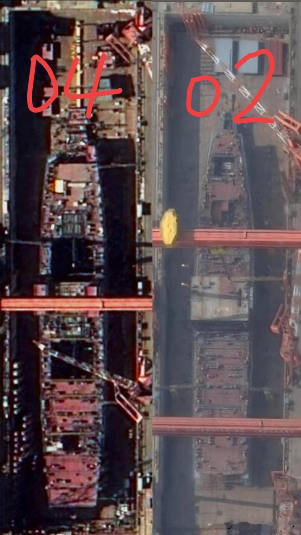 04/02等长坞对比，尺寸差距一眼可见！02水线长度约270米，算上船尾外飘