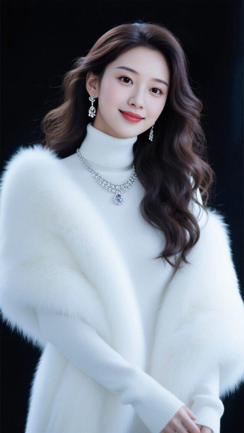 《雪绒柔光》当蓬松白绒轻覆肩臂，像拥住了一捧匀开的冬雪。针织纹路里织满温软