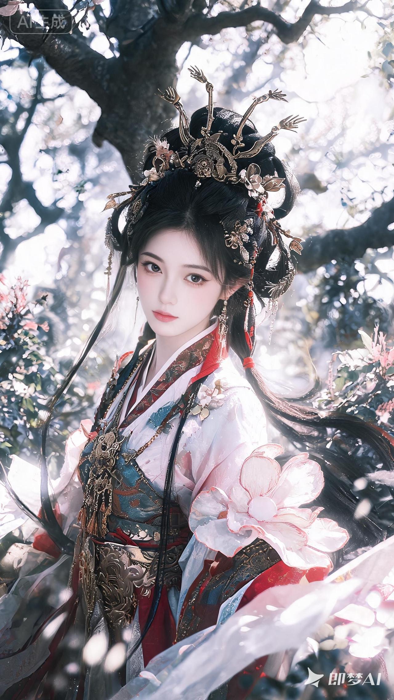 我见过不少绝色古典美人。有梳着俏皮双环髻的女子，发间粉绢花与珍珠流苏点缀，额间红