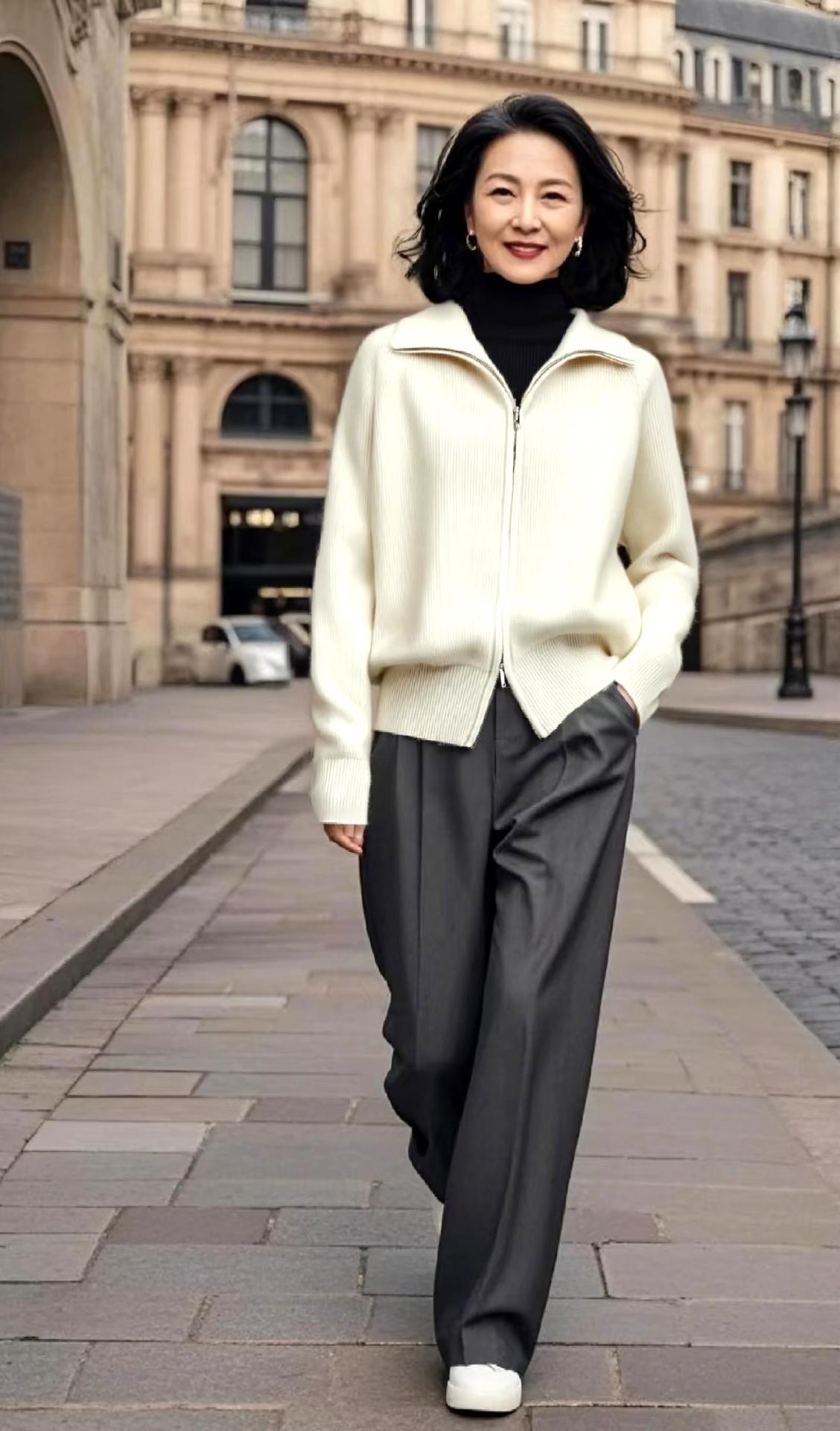 四五十岁女性春季选择翻领毛衣穿搭，得体大方又好看，轻松减龄不费力春天来了，又