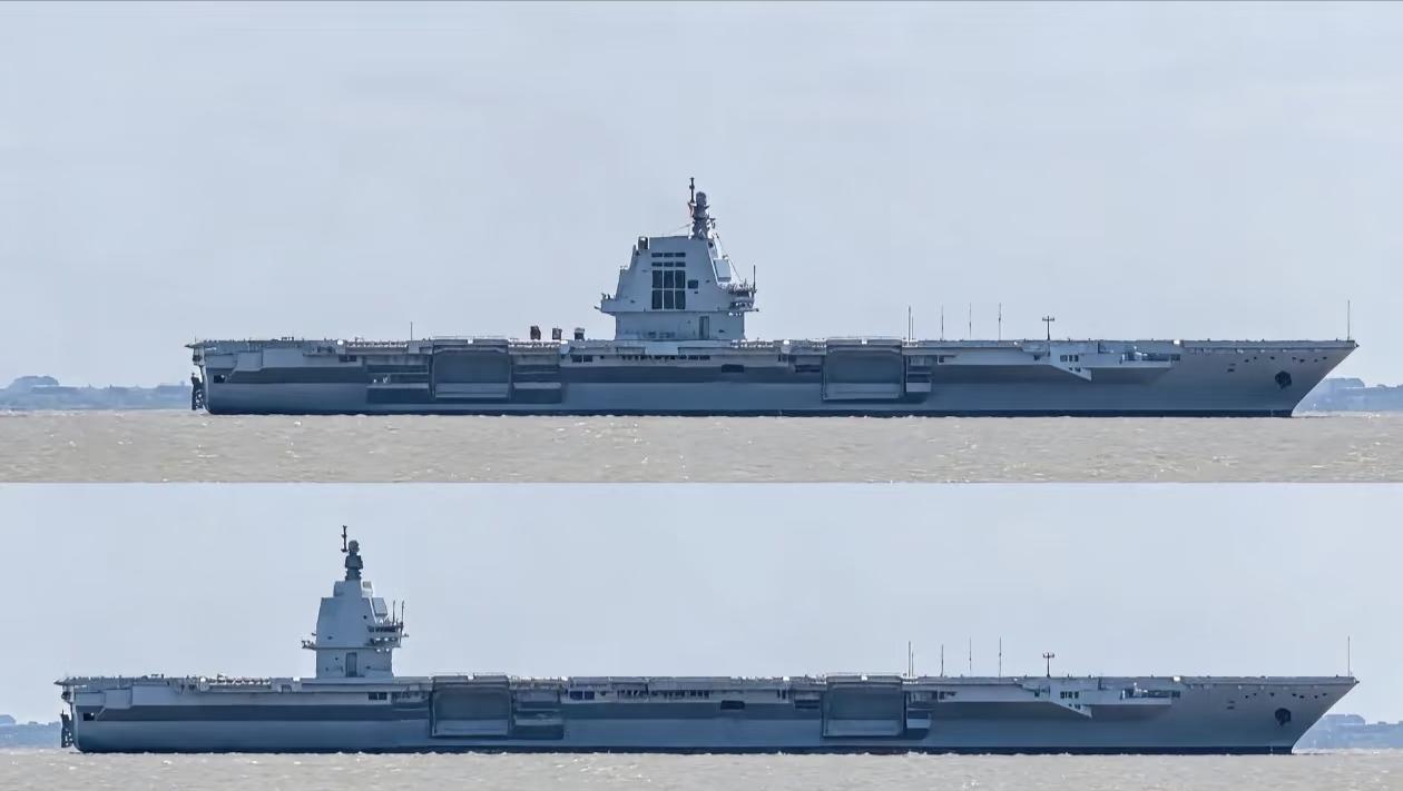 004vs003侧面对比图，004看起来修长很多，舰岛几乎也缩小一倍（核动力状态