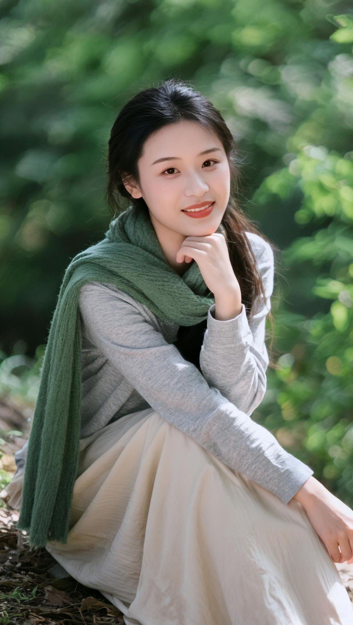 翠色围衣坐晚晴，松风漫卷落英轻。眉弯带露春山远，笑靥凝脂晓日明。一缕柔丝