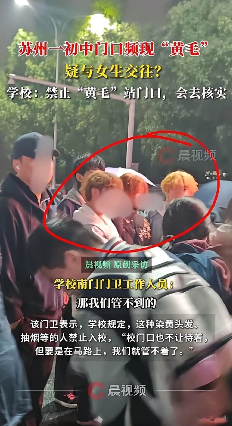 11月10日有家长爆料，苏州吴江区盛泽二中北门，放学时总有名染黄发的男青年聚集，