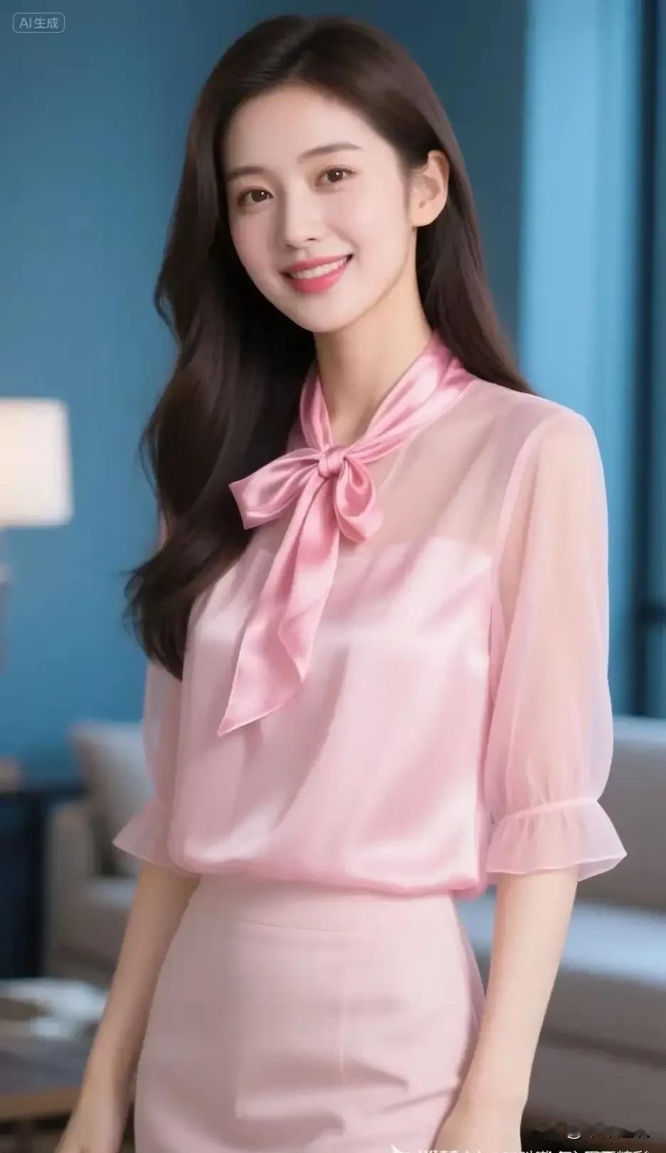 粉衫裹着柔缎的甜，领结缠出轻俏的韵，浅蓝底色衬着她的笑，是春日浸透的软。玫粉色