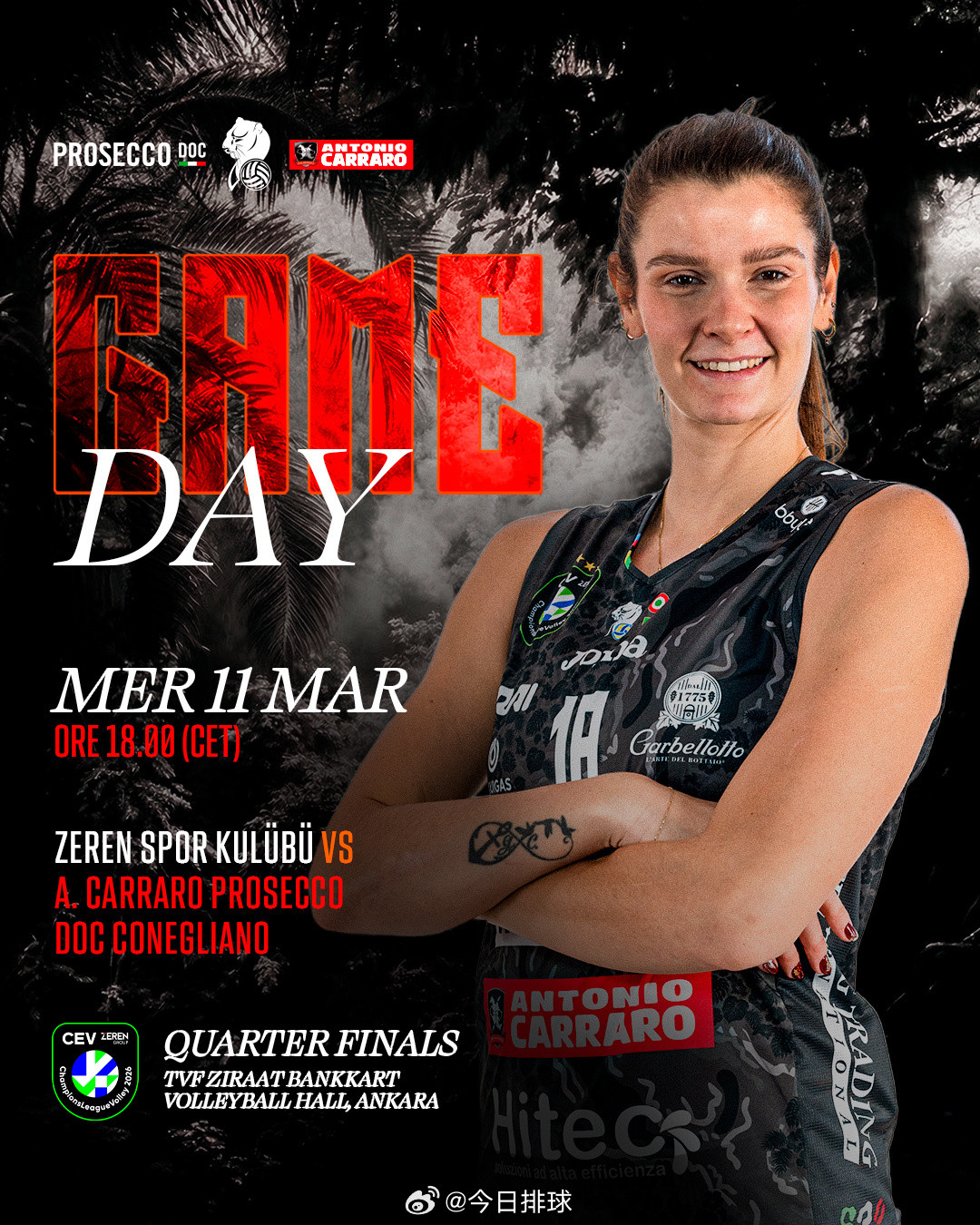 北京时间今晚（明天凌晨）01:00，2026女排欧冠四分之一决赛首回合，朱婷