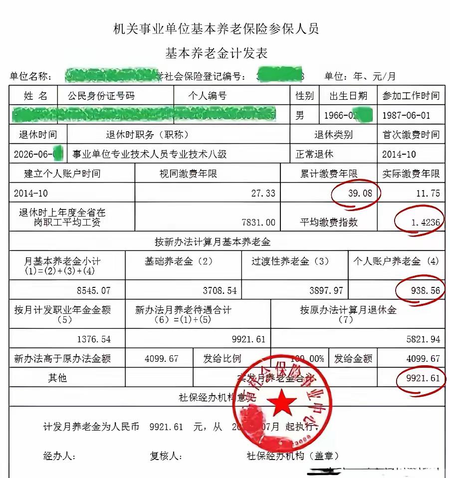 分享一份山东省机关事业单位人员基本养老金计发表，月享¥9921.61的综合养老待
