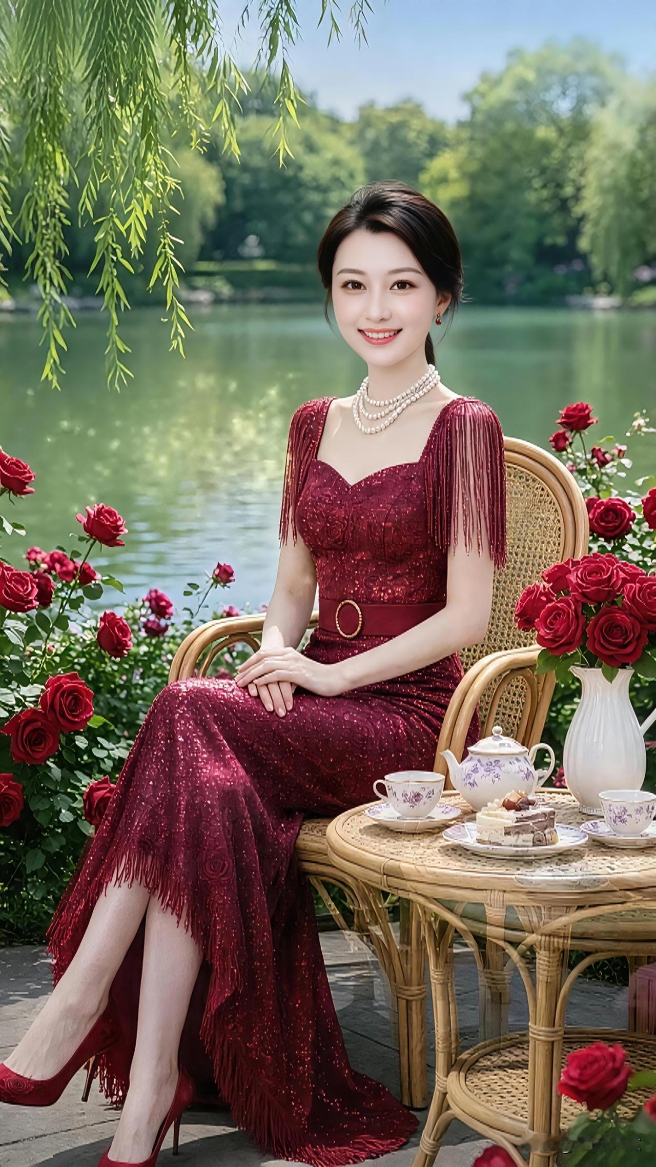 湖畔微风轻拂，红裙映着盛放玫瑰。慢享惬意下午茶，时光温柔，岁月安然，于山水花间，