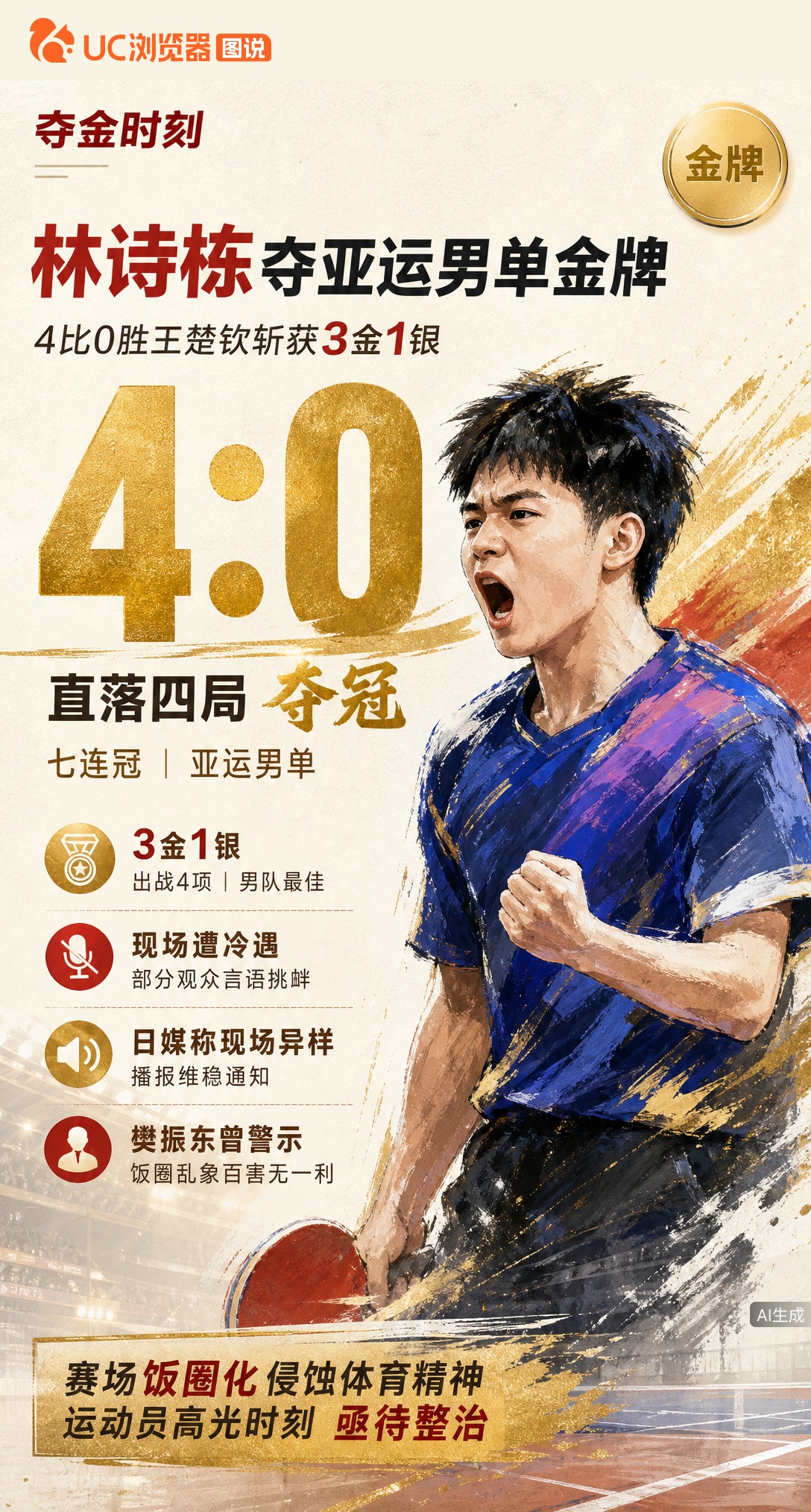 4-0横扫王楚钦！林诗栋亚运男单夺冠斩获3金1银，延续国乒七连冠。但颁奖礼遭部分观众言语挑衅，高光时